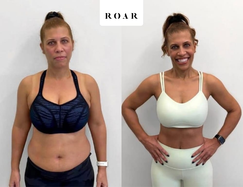 Before and after photos of Laurie's female body transformation at ROAR Fitness London