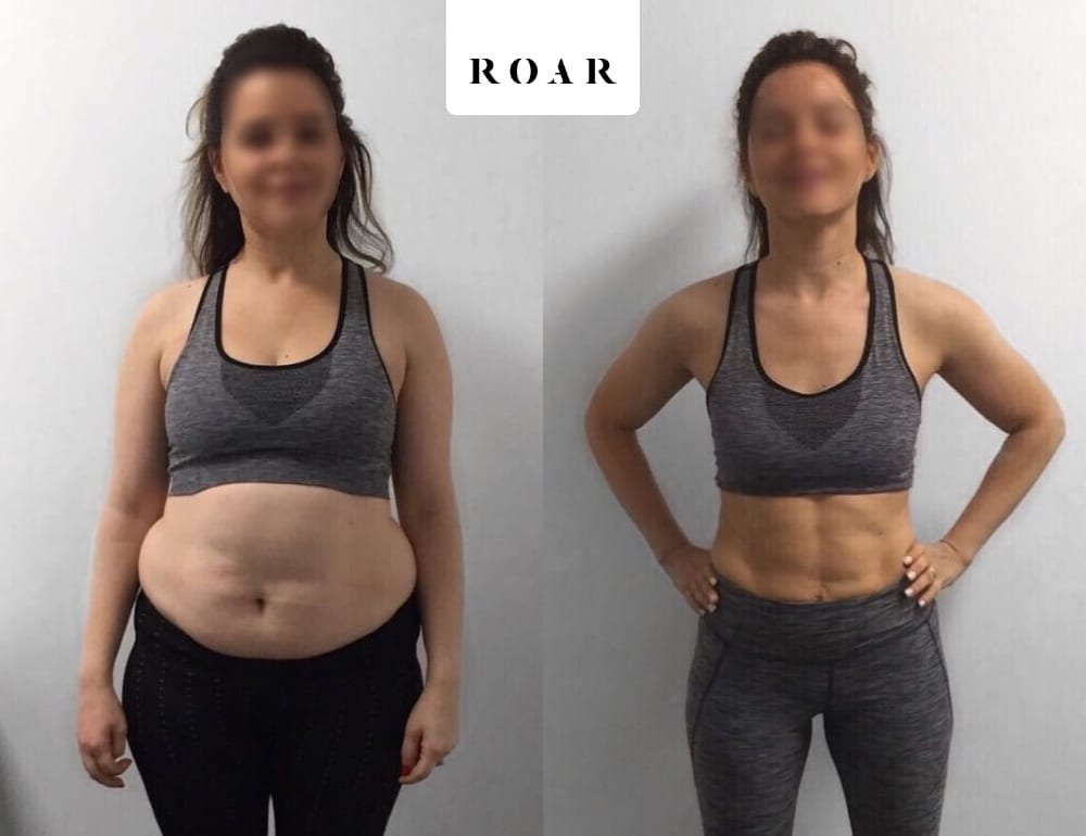 Liz's female body transformation, before and after personal training at ROAR Fitness London