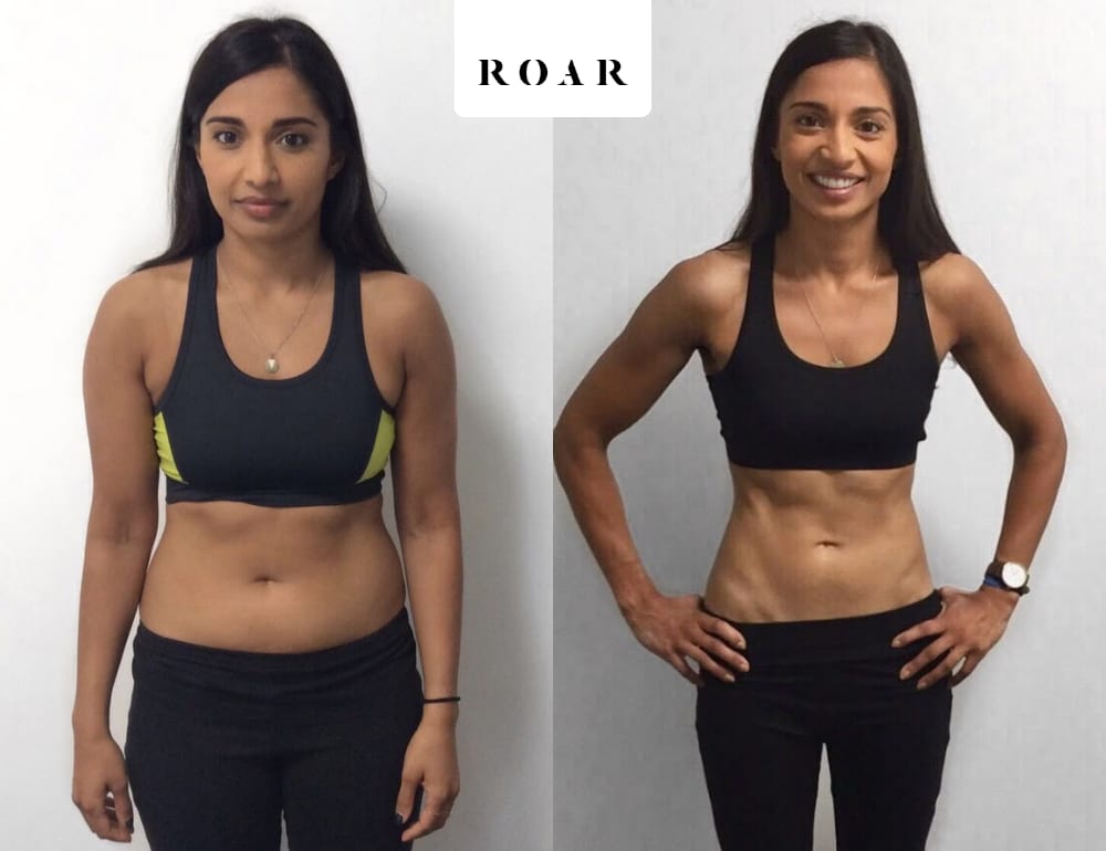 Mandip before and after her female body transformation with ROAR Fitness London personal training