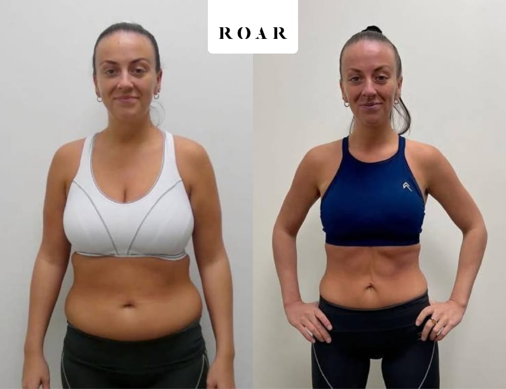 Before and after photos of Maria's female body transformation at ROAR Fitness London