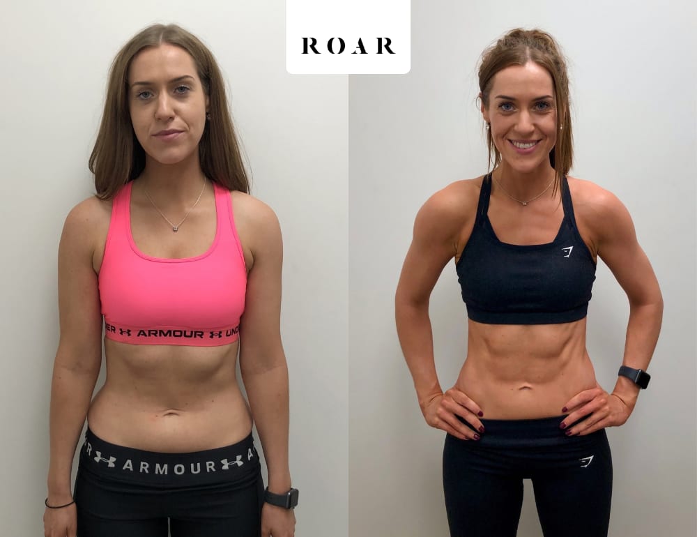 Before and after photos of Marie's female body transformation at ROAR Fitness London