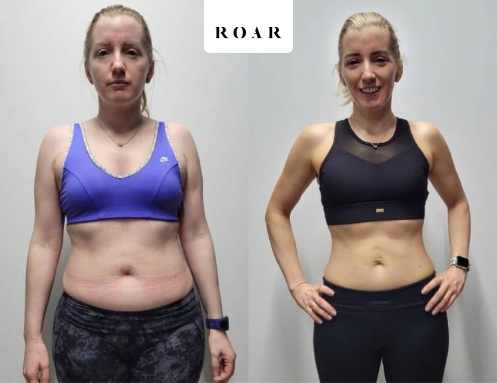 Before and after photos of Miriam's female body transformation at ROAR Fitness London