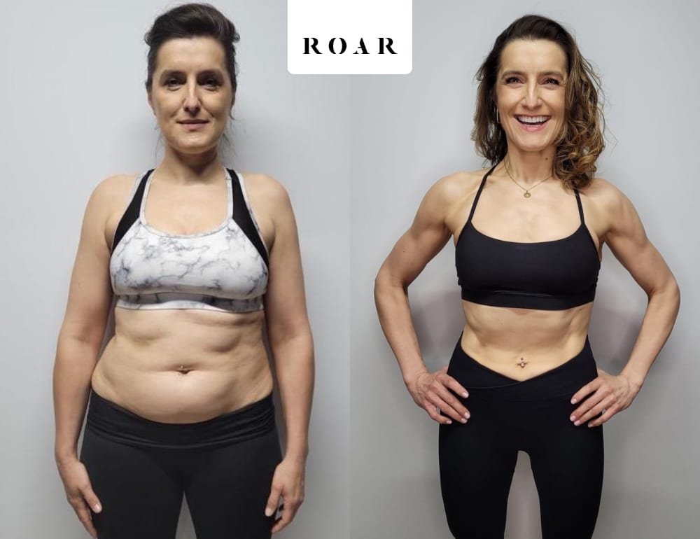 Before and after photos of Monika's female body transformation at ROAR Fitness London