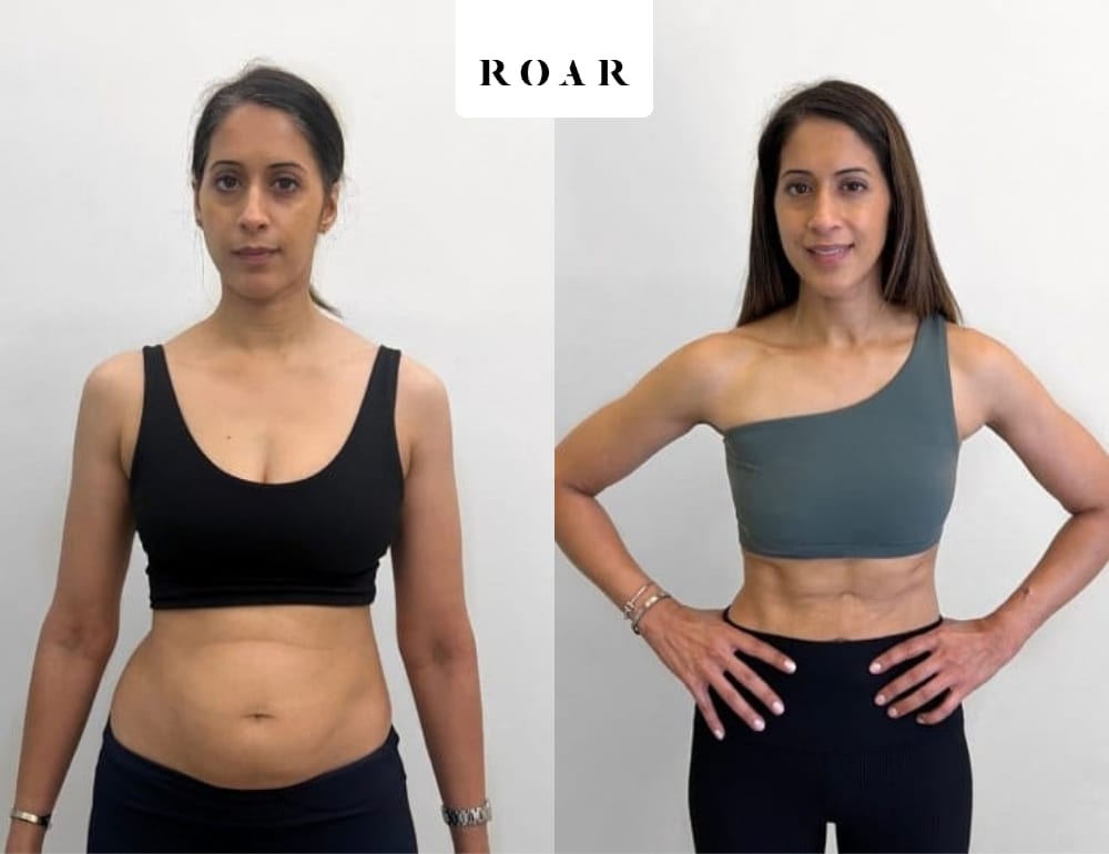 Before and after photos of Poonam's female body transformation at ROAR Fitness London