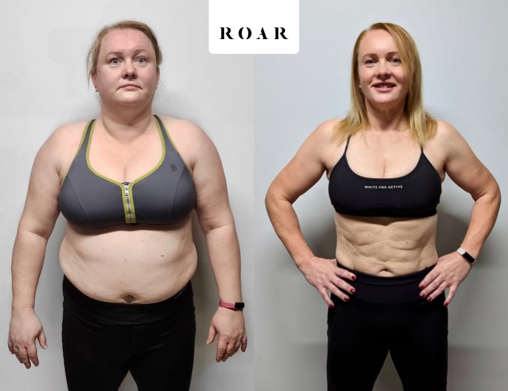 Rebecca before and after her female body transformation with ROAR Fitness London personal training