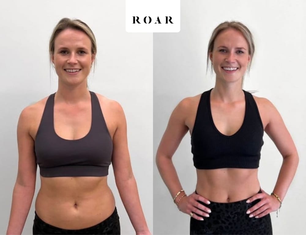 Verity before and after her female body transformation with ROAR Fitness London personal training