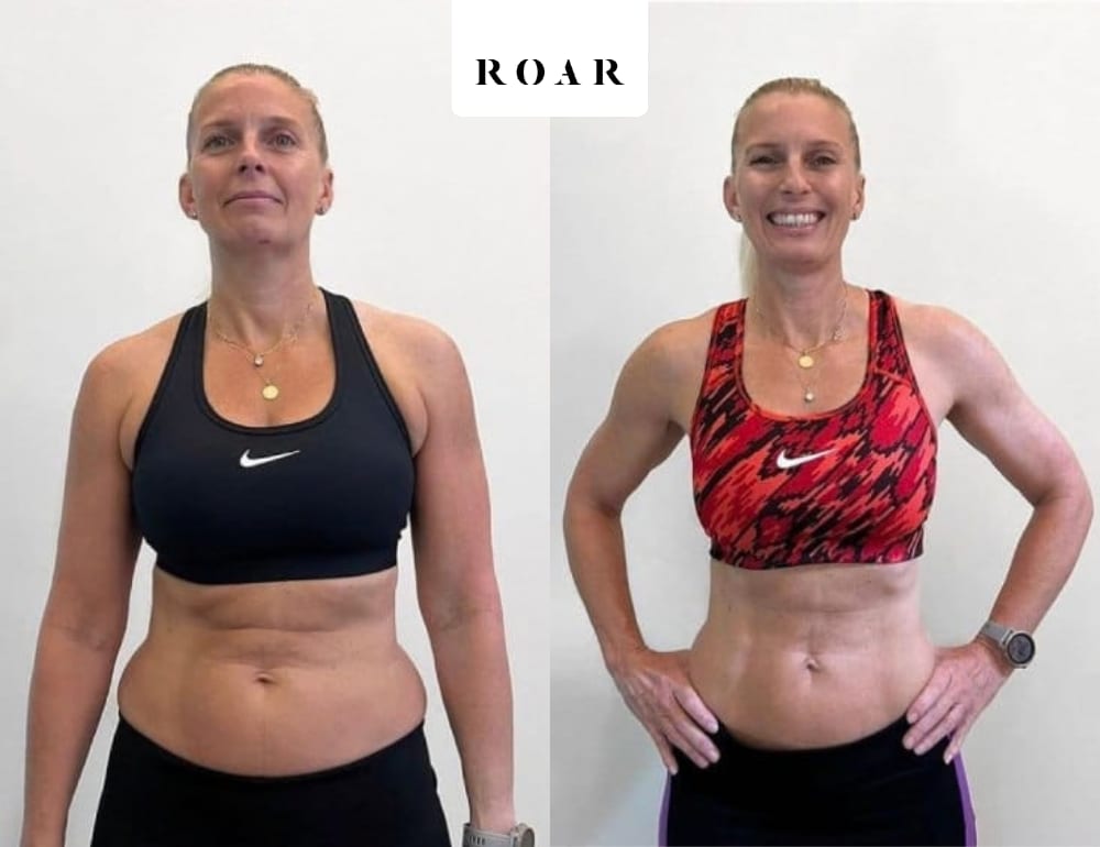 Before and after photos of Vicky's female body transformation at ROAR Fitness London