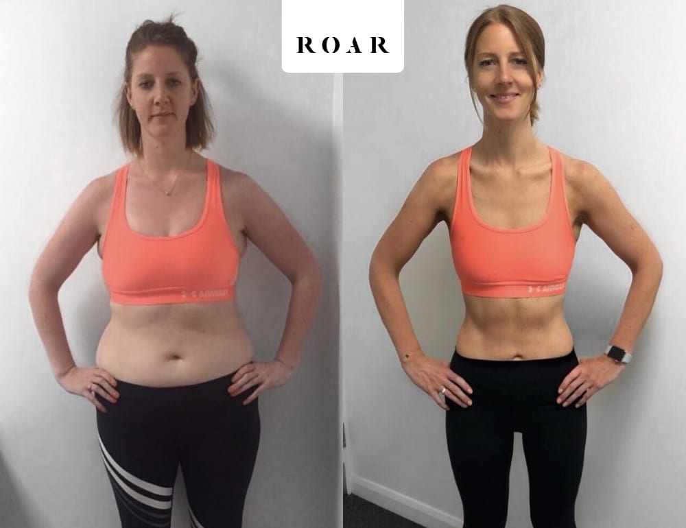 Before and after photos of Victoria's female body transformation at ROAR Fitness London