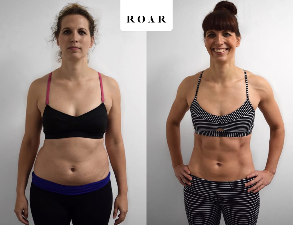 Willow's female body transformation, before and after personal training at ROAR Fitness London