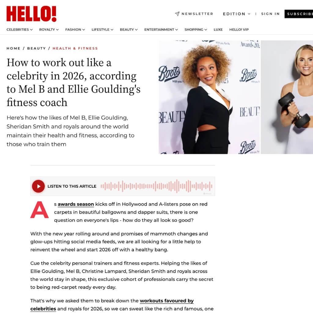Roar Fitness featured in an article in Hello magazine