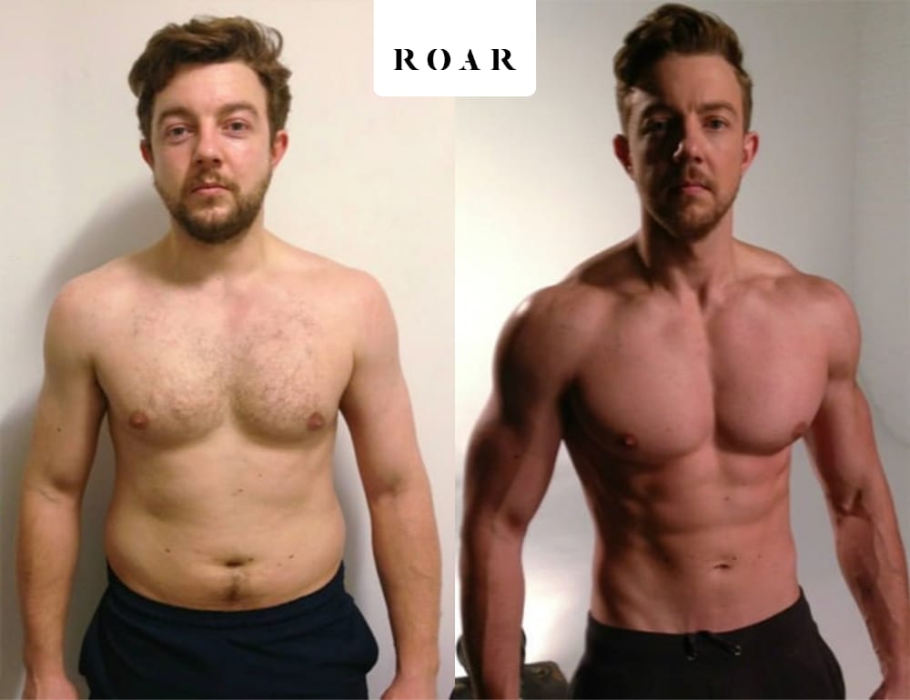 Mark before and after his 10-week male body transformation at ROAR Fitness London