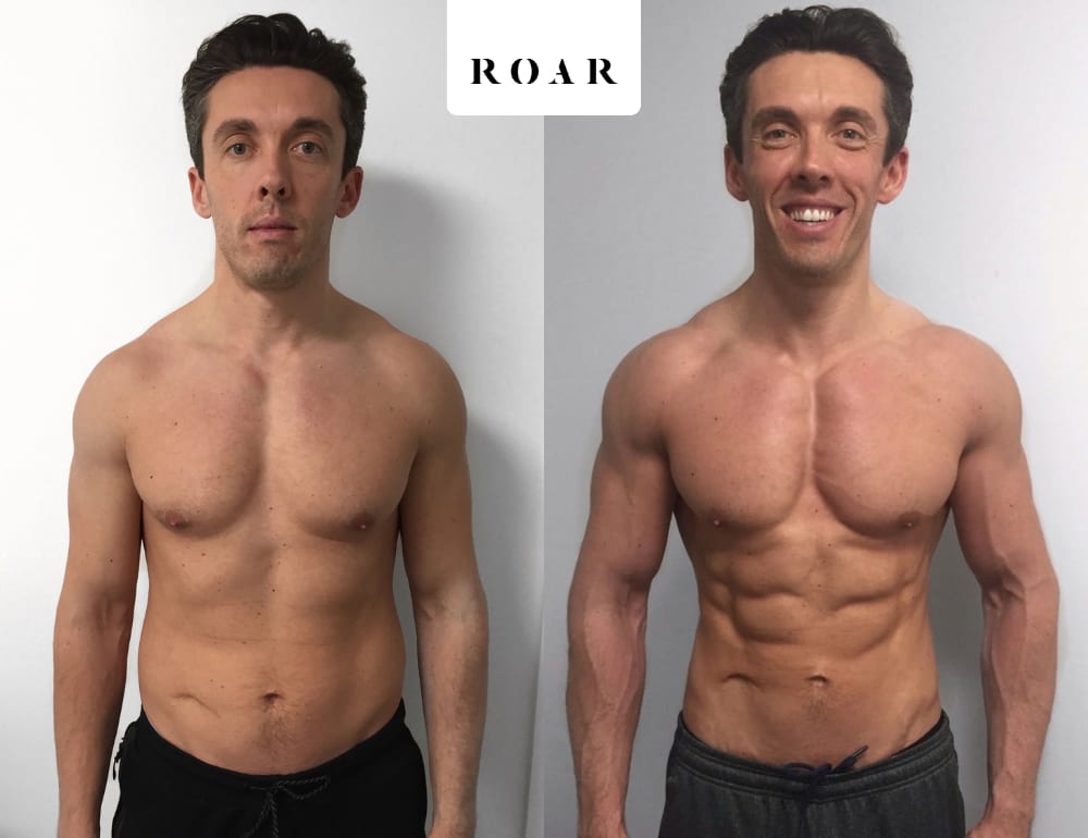Tim before and after his 10-week male body transformation at ROAR Fitness London
