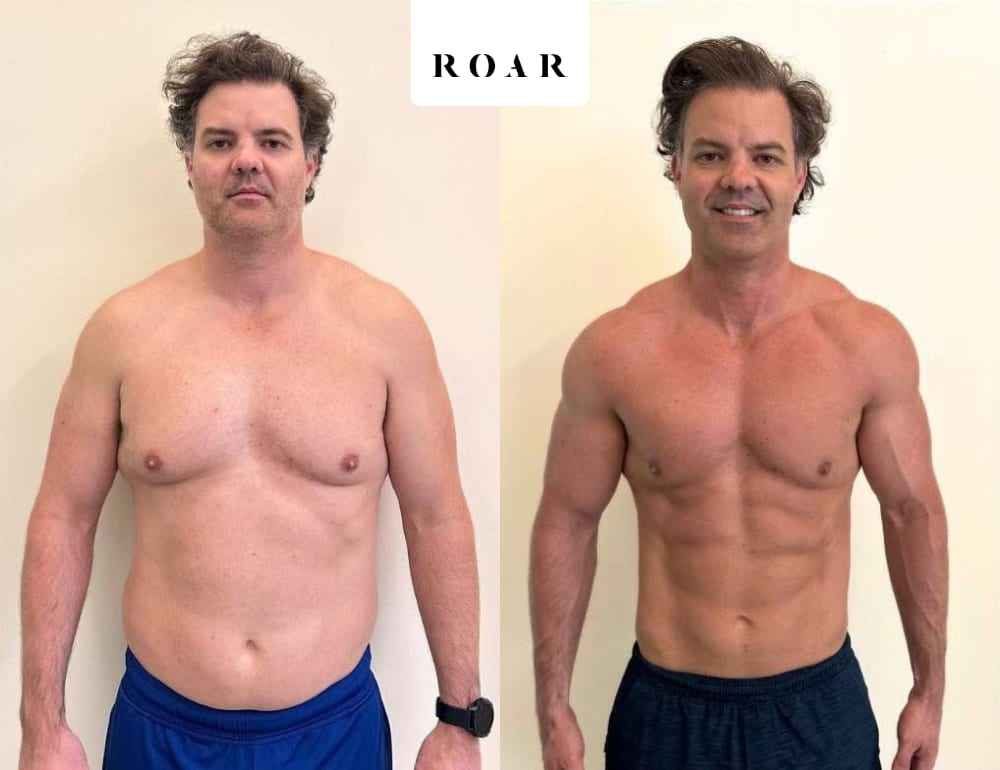Jonathan Fraser, 39, before and after his 12-week male body transformation at ROAR Fitness London, 10kg weight loss