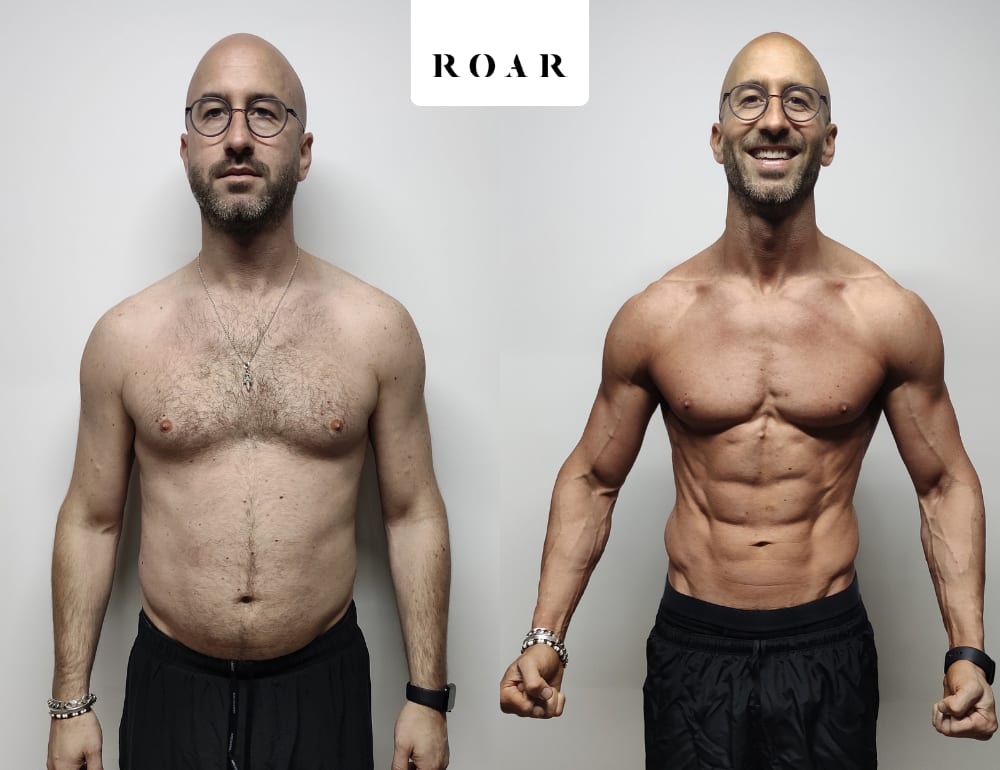 Stephen Mix, 43, before and after his 12-week male body transformation at ROAR Fitness London, 10kg weight loss