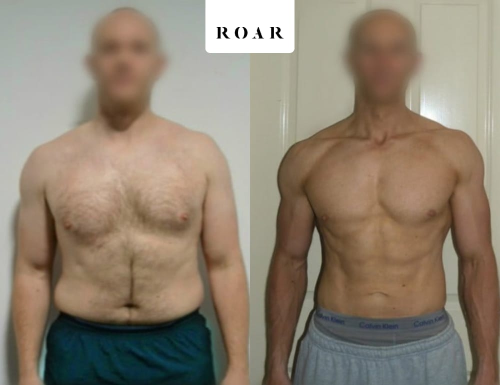 Alan before and after his 12-week male body transformation at ROAR Fitness London