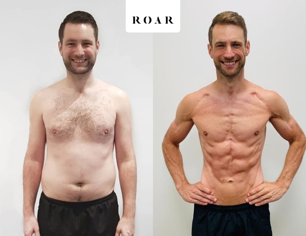 Daniel before and after his 12-week male body transformation at ROAR Fitness London