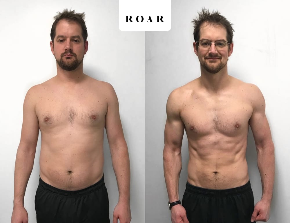 Grant before and after his 12-week male body transformation at ROAR Fitness London