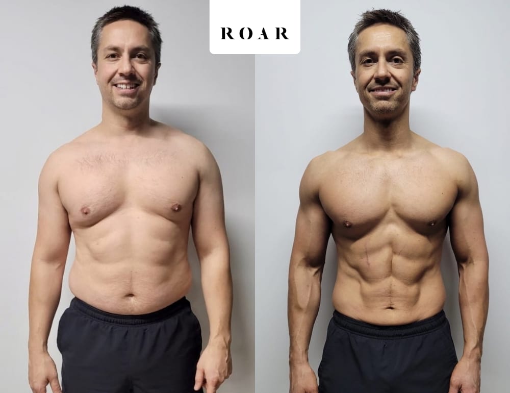 James before and after his 12-week male body transformation at ROAR Fitness London