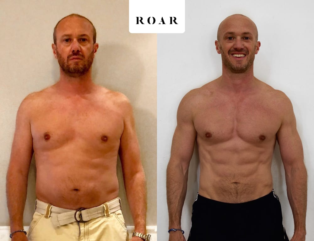 James before and after his 12-week male body transformation with ROAR Fitness online personal training