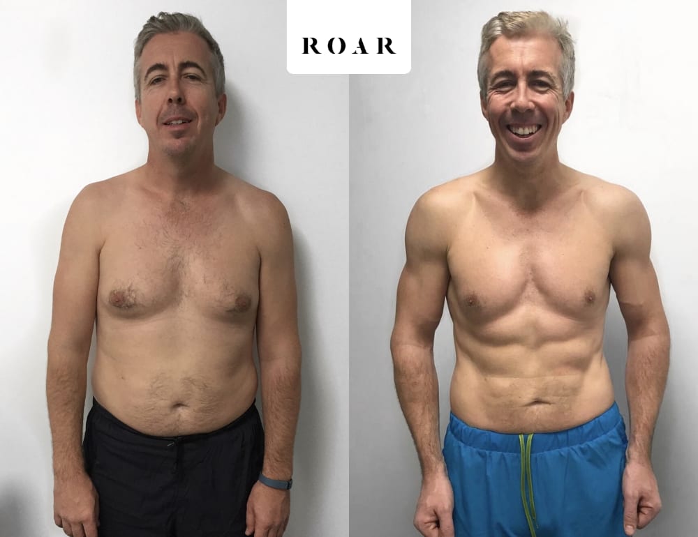 Kevin before and after his 12-week male body transformation at ROAR Fitness London