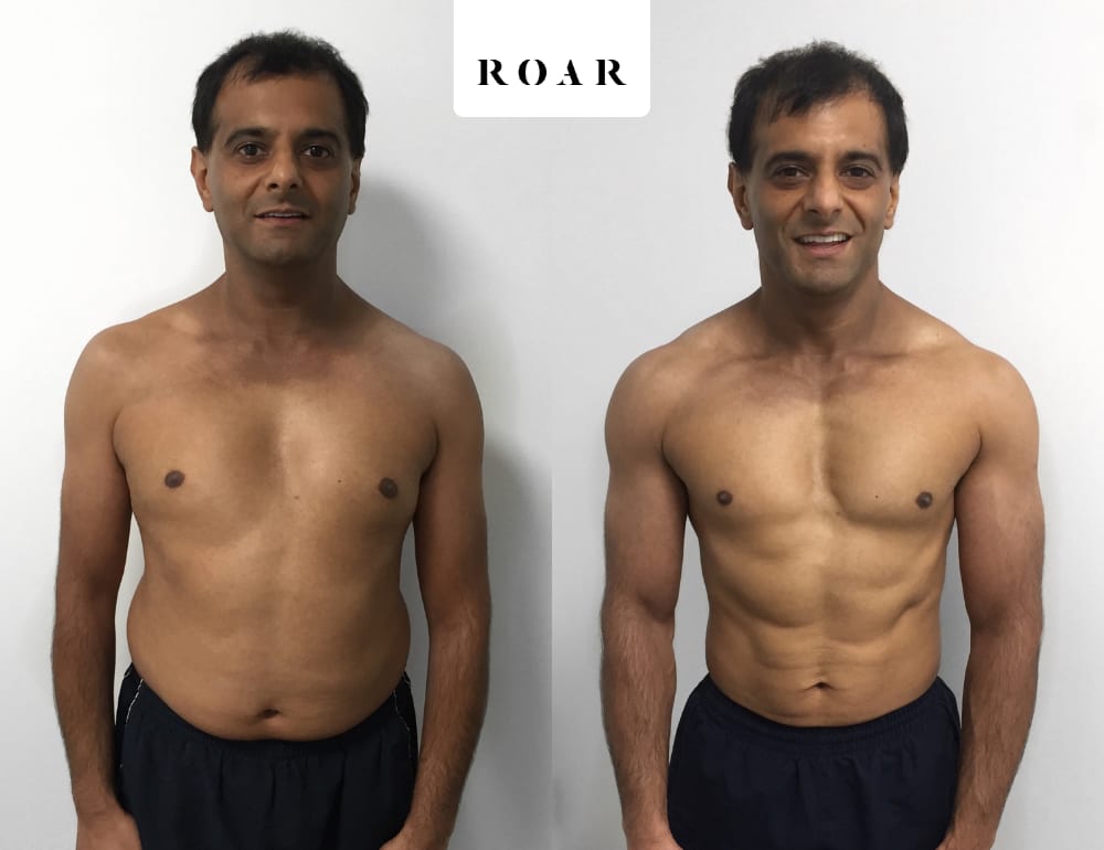 Ramzan before and after his 12-week male body transformation at ROAR Fitness London