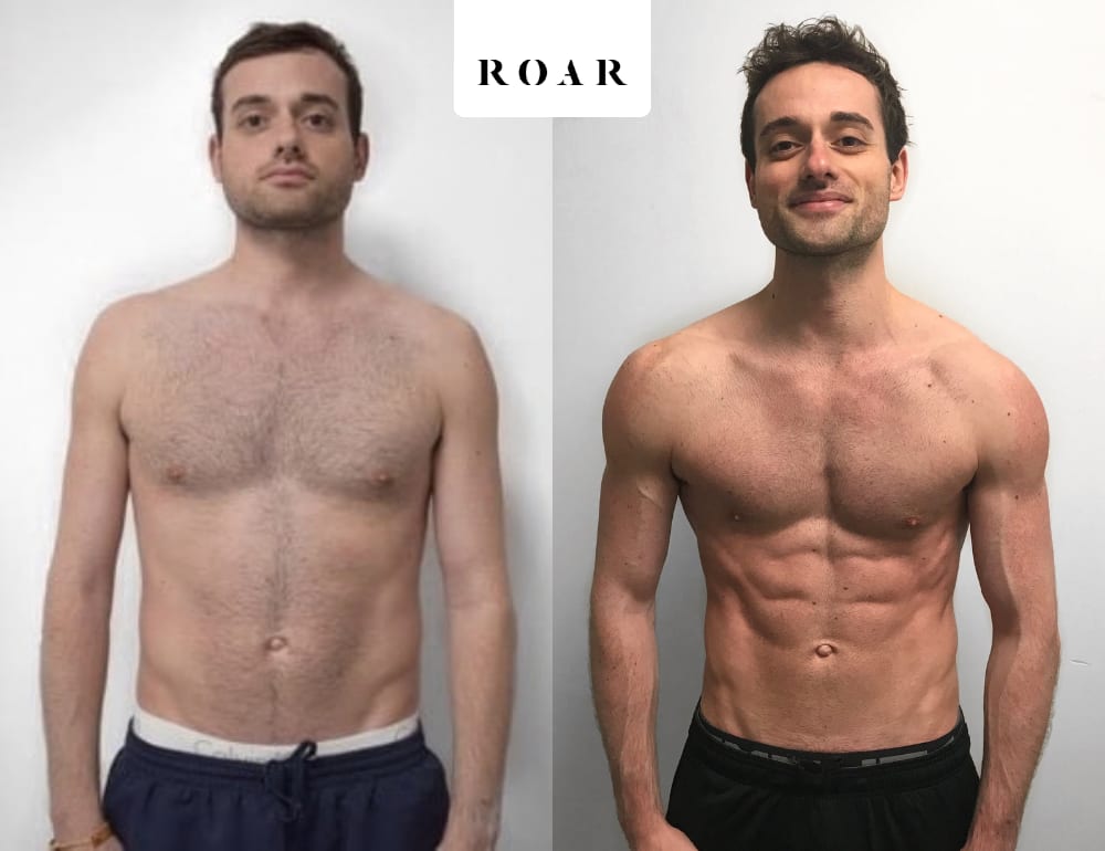 Sam before and after his 12-week male body transformation at ROAR Fitness London