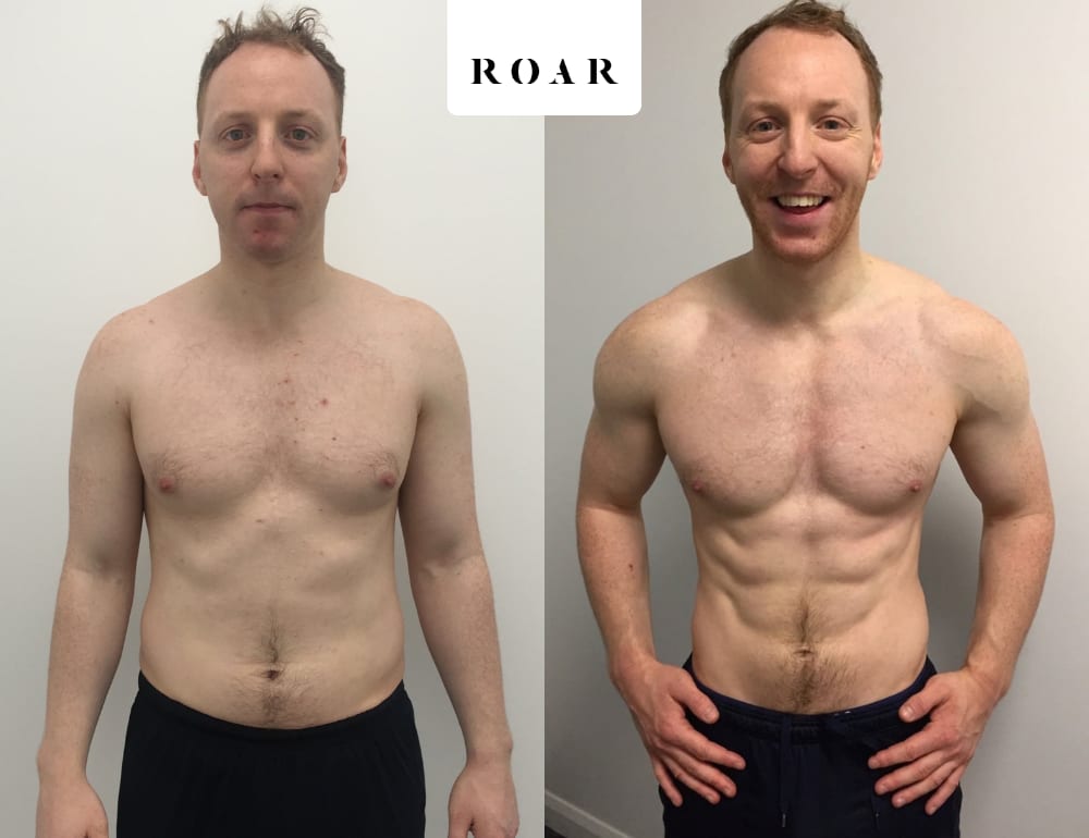 Jack before and after his 14-week male body transformation at ROAR Fitness London