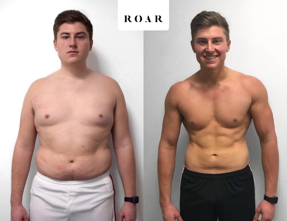 Daniel before and after his 16-week male body transformation at ROAR Fitness London, 35lb weight loss