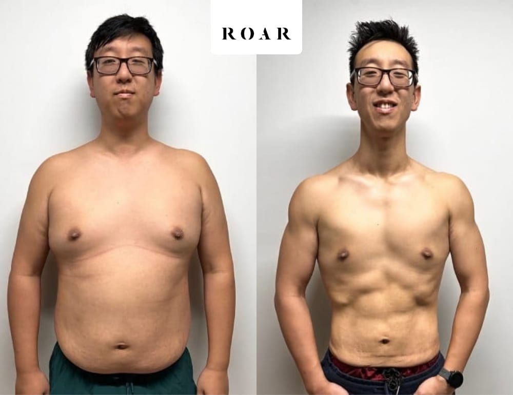 Michael Du, 29, before and after his 20-week male body transformation at ROAR Fitness London, 25kg weight loss