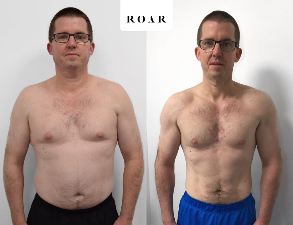 Grant before and after his 24-week male body transformation at ROAR Fitness London, 13kg weight loss