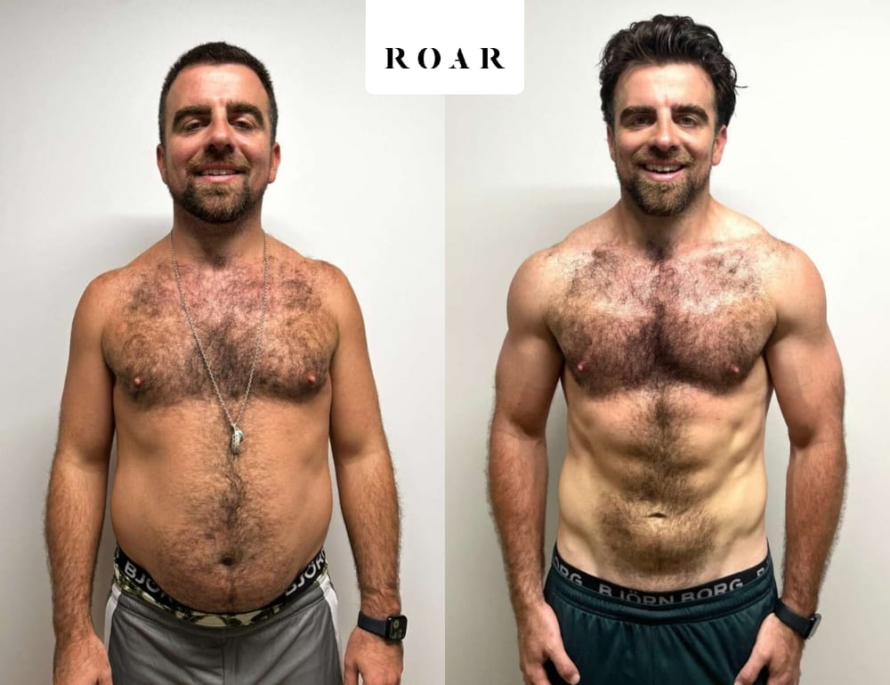 Matthew Holder-Bizou, 33, before and after his 24-week male body transformation at ROAR Fitness London, 9kg weight loss