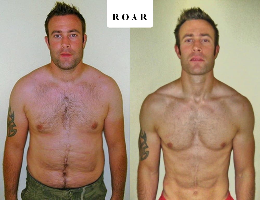 Andy before and after his 3-month male body transformation with ROAR Fitness online personal training, 20kg weight loss