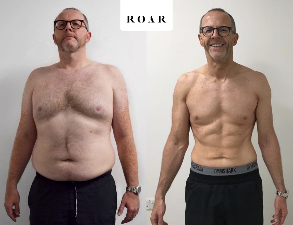 Barry before and after his 3-month male body transformation at ROAR Fitness London, 24kg weight loss