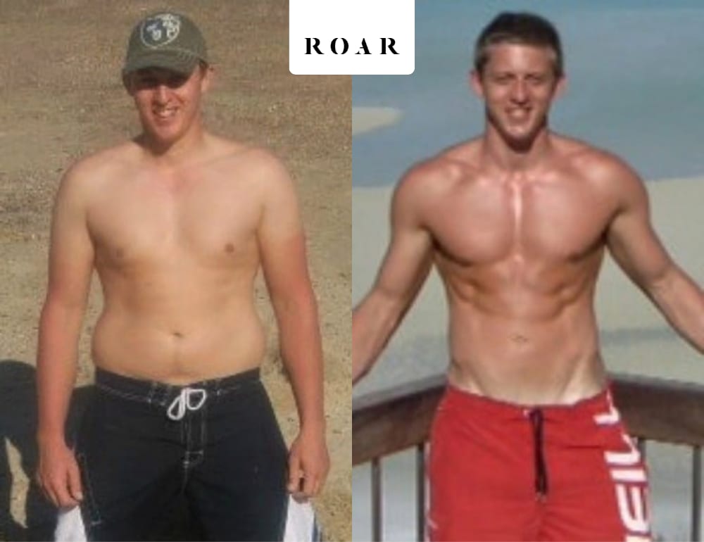 Ben before and after his 3-month male body transformation with ROAR Fitness online personal training