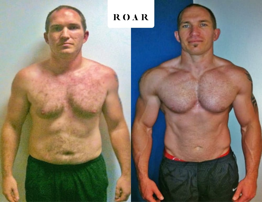 Nick before and after his 8-week male body transformation at ROAR Fitness London, 18kg weight loss