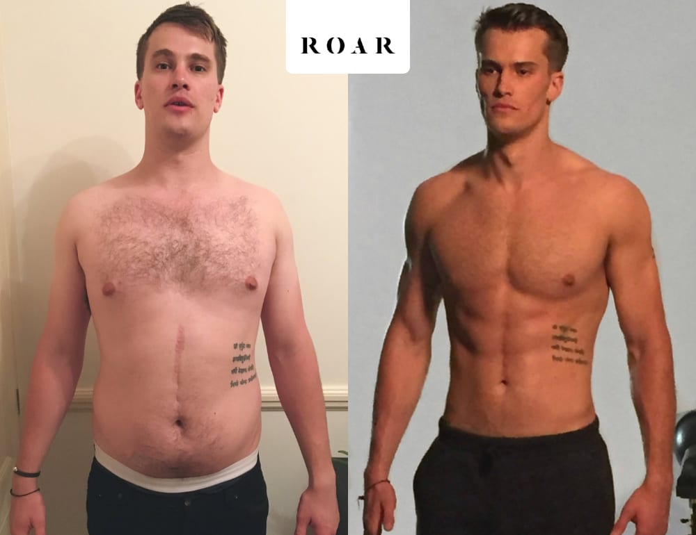 Tom before and after his 8-week male body transformation at ROAR Fitness London, featured in Men's Health