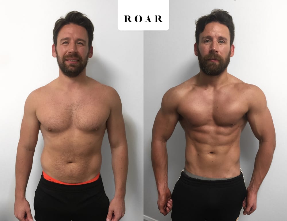 Adam before and after his male body transformation with ROAR Fitness London personal training