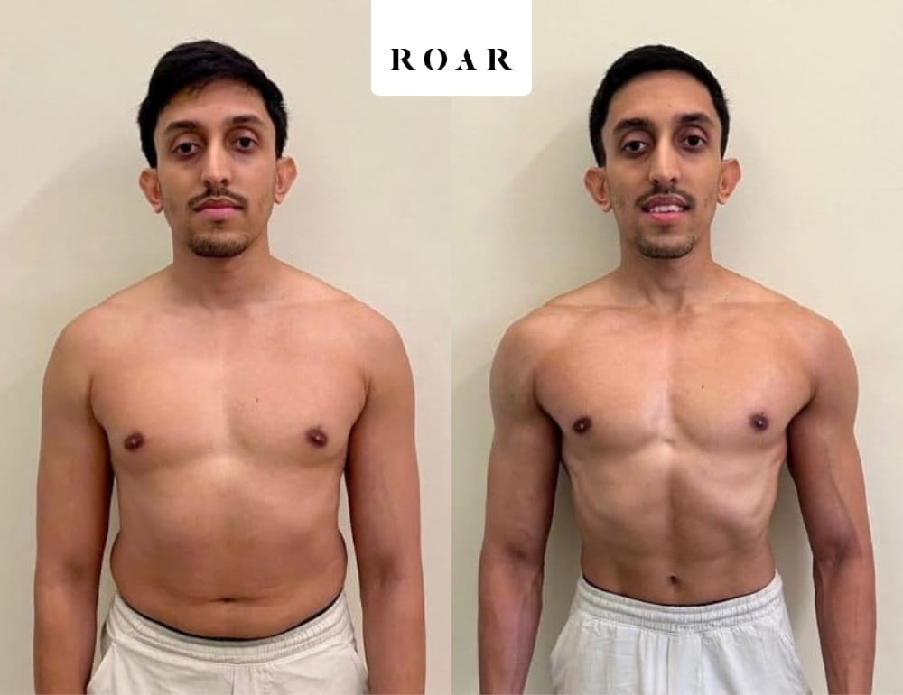 Before and after photos of Aditya's male body transformation at ROAR Fitness London