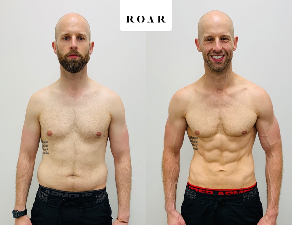 Alex's male body transformation, before and after personal training at ROAR Fitness London