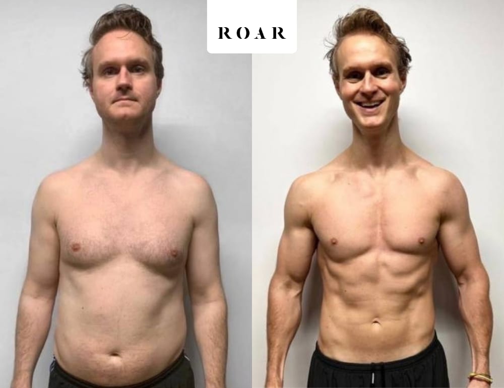 Andrew's male body transformation, before and after personal training at ROAR Fitness London