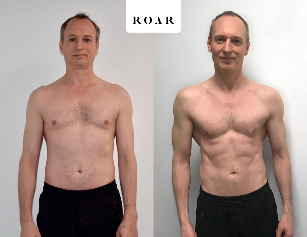 Andy's male body transformation, before and after personal training at ROAR Fitness Dubai