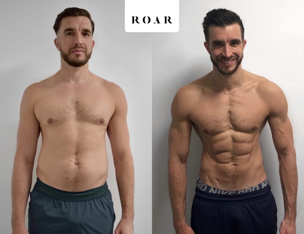 Before and after photos of Anthony's male body transformation at ROAR Fitness London