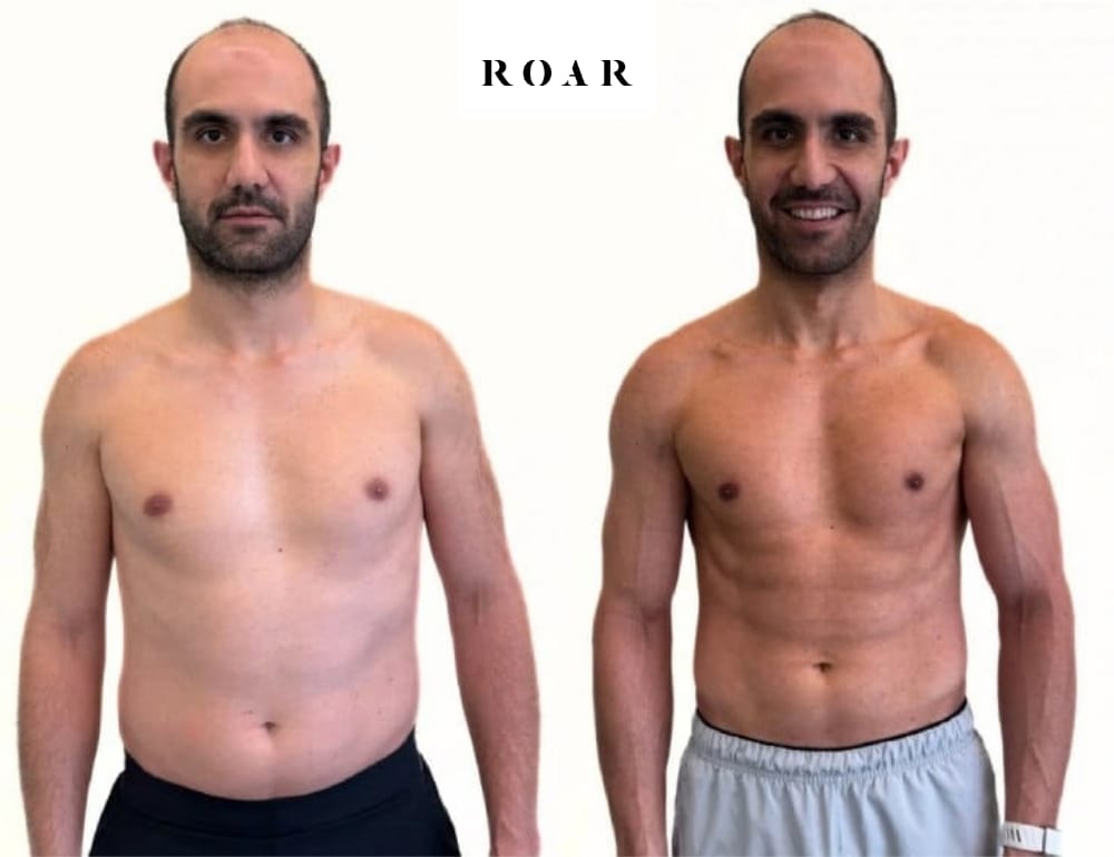 Before and after photos of Armin's male body transformation at ROAR Fitness London