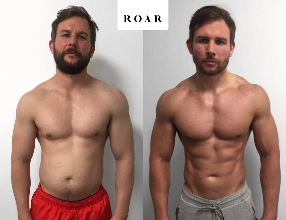 Before and after photos of Ben's male body transformation at ROAR Fitness London