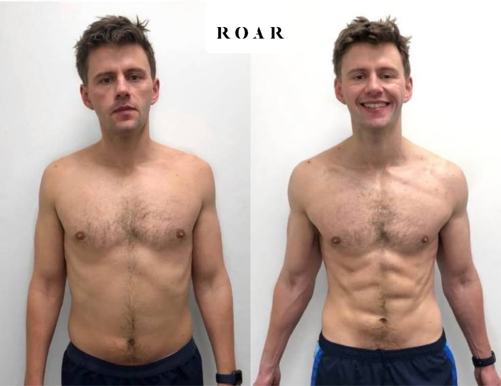 Brendan's male body transformation, before and after personal training at ROAR Fitness London