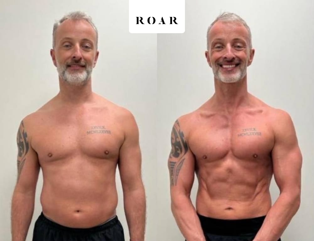 Before and after photos of Craig B's male body transformation after 50 at ROAR Fitness London
