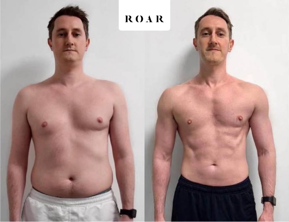 Dan B's male body transformation, before and after personal training at ROAR Fitness London