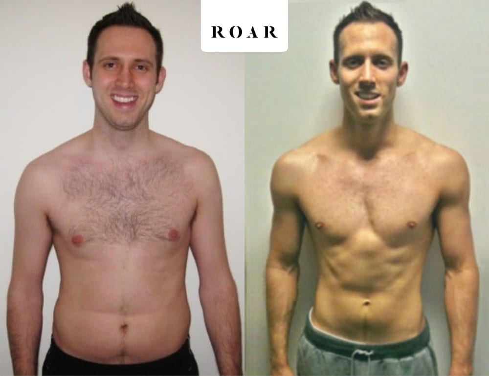 Dan's male body transformation, before and after personal training at ROAR Fitness London