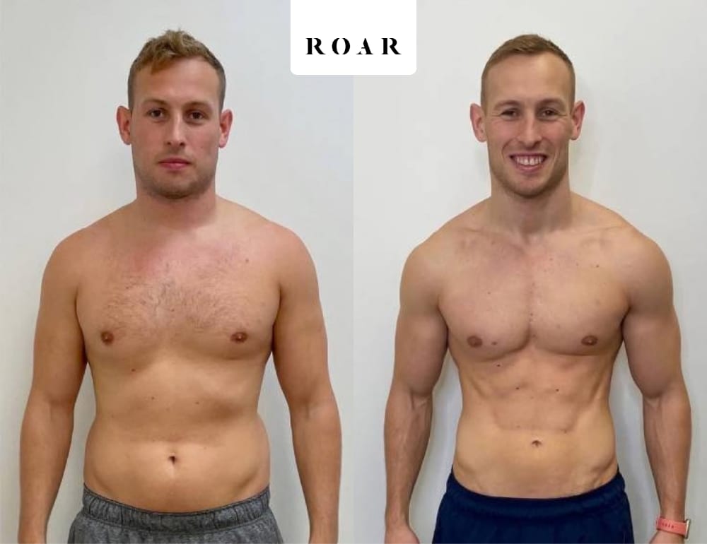 Danny's male body transformation, before and after personal training at ROAR Fitness London