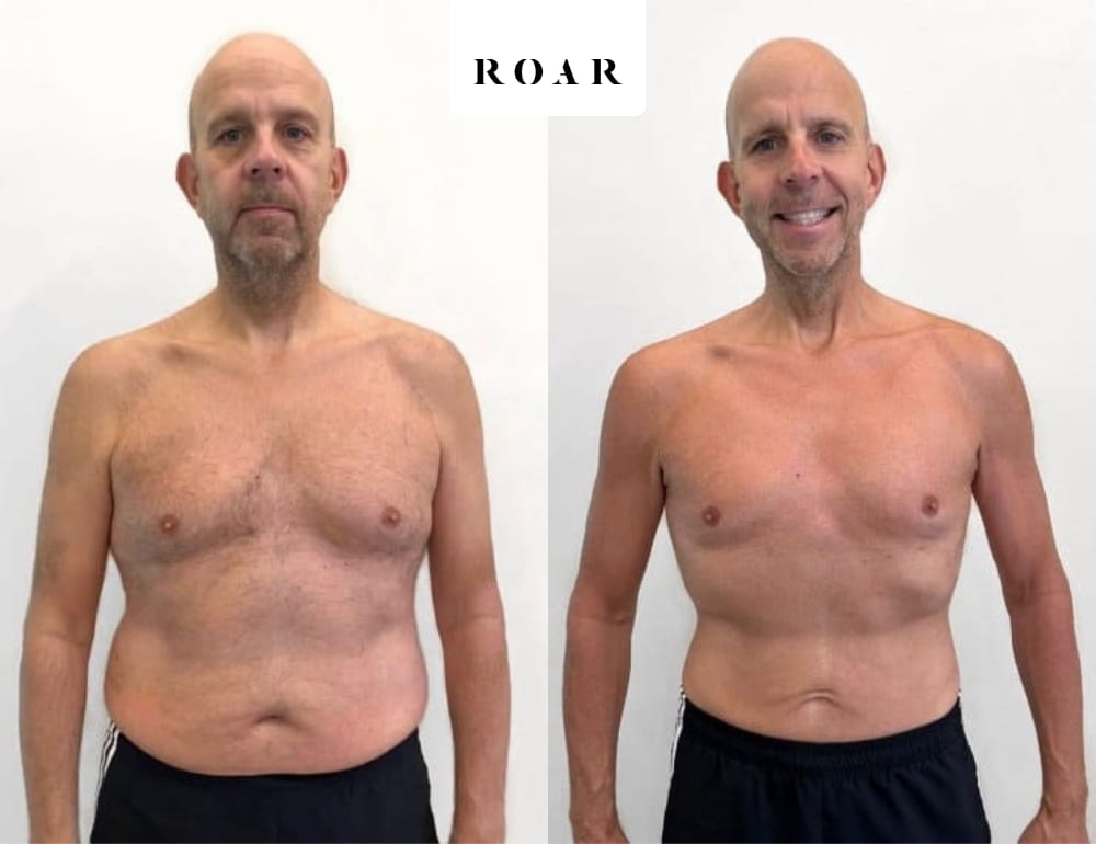 David's male body transformation, before and after personal training at ROAR Fitness London